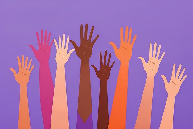 Фото Руки нескольких людей, поднятых в знак протеста против гражданских прав на фиолетовом фоне в стиле женского расширения прав и возможностей.