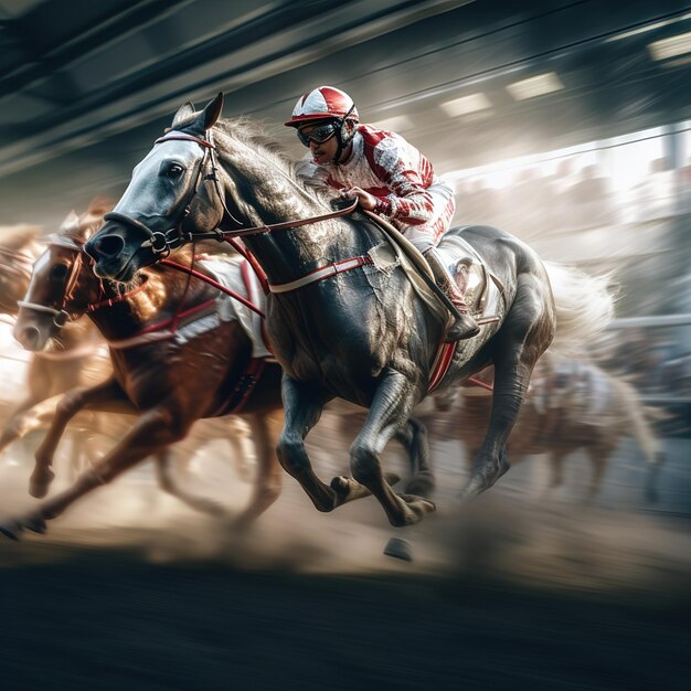 写真 野原や街を走る馬のレースの芸術