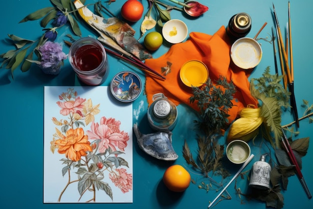 사진 페인트 칠 한 테이블 에 평평 한 스타일리시 한 물건 들 을 놓는 예술
