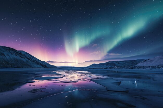 사진 오로라 불빛은 얼어붙은 호수 위에서 활기찬 색조로 밝게 빛나고 자연의 아름다움을 보이는 놀라운 전시를 만니다.