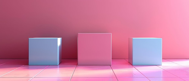 写真 賞の表彰台は,ピンクの背景に3つの異なるサイズのパステル色の正方形で構成されています.