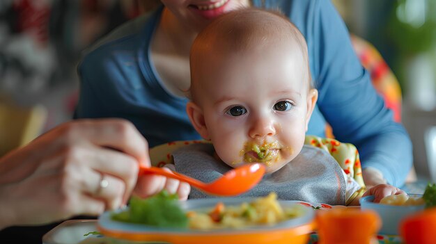 写真 赤ちゃんは母親と野菜を食べている