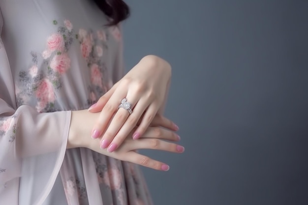 写真 灰色の背景に美しいアジアの女性の体の背中とピンクの爪