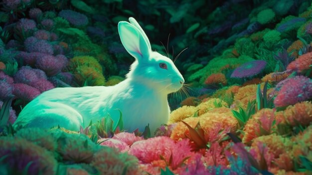 写真 美しい白いウサギが座っている花園はとても美しく見えます アイが生み出した芸術です