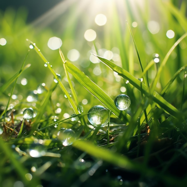 写真 自然 の 美しさ 緑 の 草 に 降る 爽やか な 雨 の 滴 と 輝く 太陽 の 光