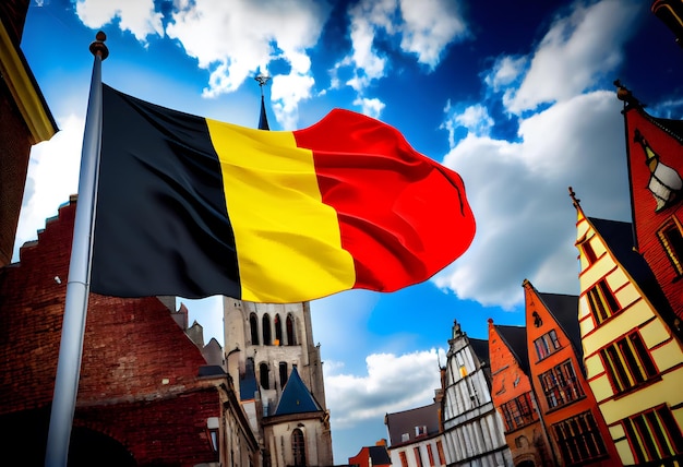 写真 城の近くの伝統的なベルギーの町で空の背景で振る舞うベルギー国旗