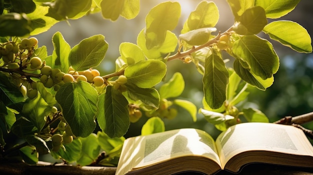 사진 성경 지식의 책이 열렸는데, 그 책은 열매가 없지만 아름다운 잎을 가진 무화과나무 에 있었다.