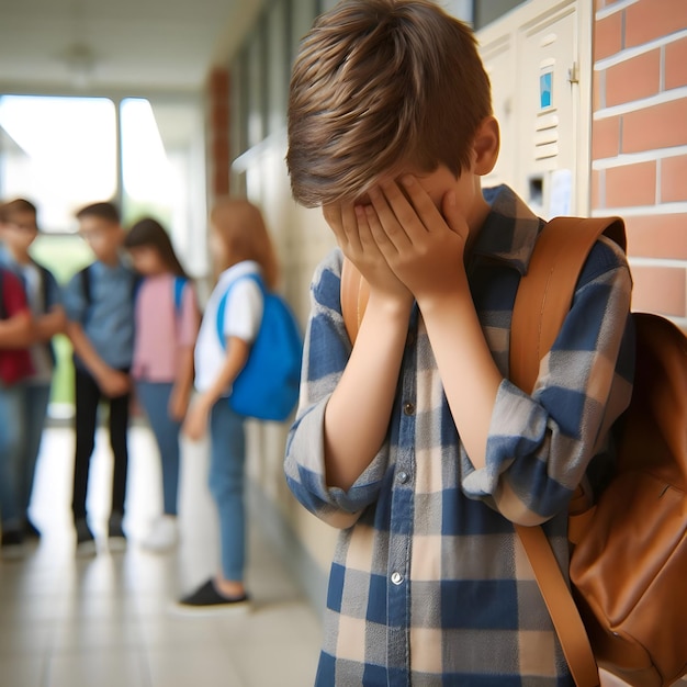 Фото Мальчик прикрыл лицо руками, стоя один в школьном коридоре.