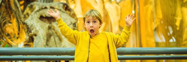 写真 博物館のバナーの長い形式で恐竜の骨格を見ている少年