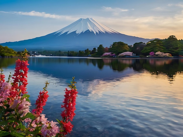 写真 華麗な富士山は 静かな湖の上に 立っています