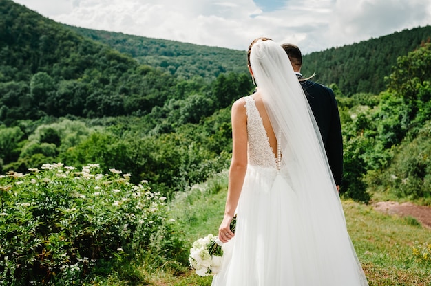 Жених и невеста со свадебным букетом, держась за руки и стоя, глядя на горы.