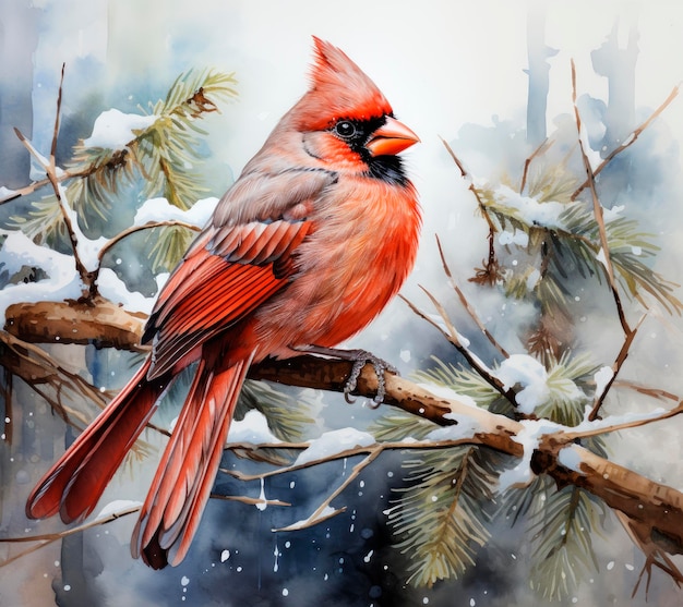 Фото Яркая птица сидит на заснеженном буке красных ягод и держит рождество и новый год