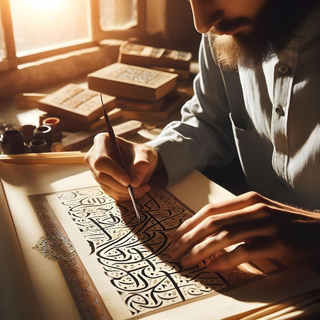 写真 カリグラファーは日光に照らされたスタジオでコーランの節を細心の注意を払って羊皮紙に刻んだ