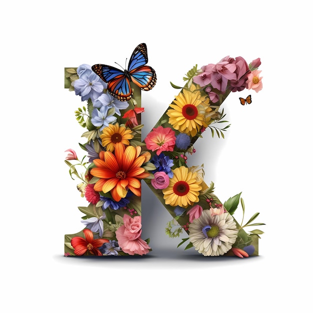 Фото Большая буква к сделана из цветов и бабочек цветы упакованы буква цветочная буква