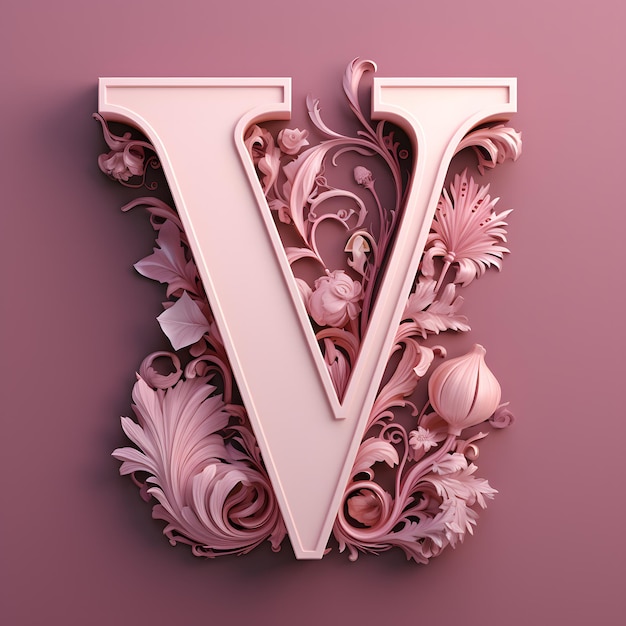 写真 ピンクの花の背景でアート・ヌーヴォー・スタイルで作られたセリフ・フォントの大文字v