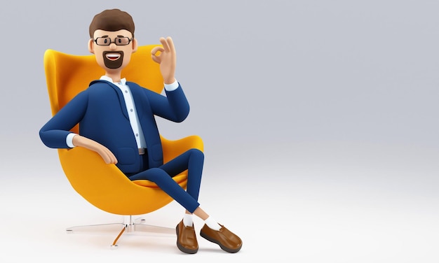写真 漫画のキャラクターが椅子に座って、ok のジェスチャー 3 d イラストを示しています