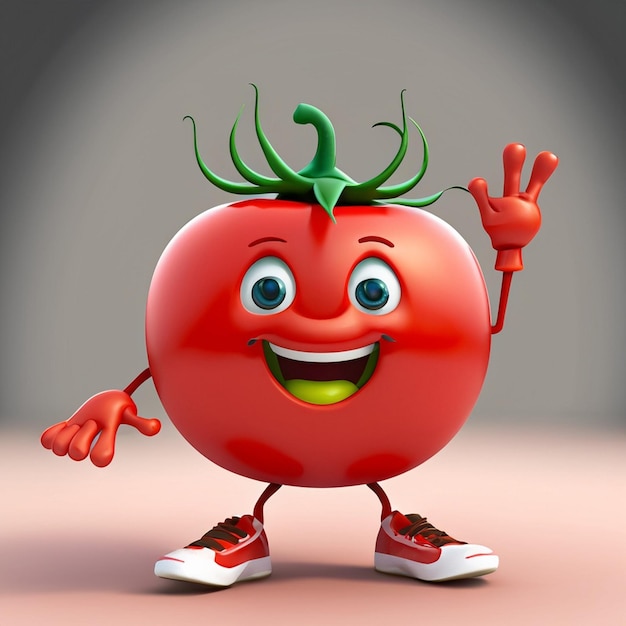 写真 かわいい面白いトマトのキャラクターは 2 本の細い足を持ち、コーチを着て空に手を上げています