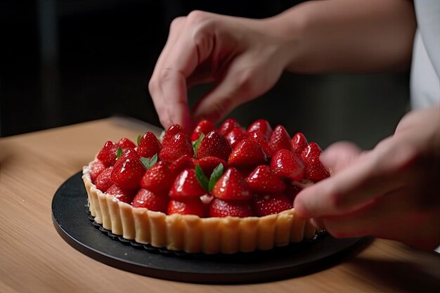 사진 요리사는 타르트에 딸기를 넣습니다.