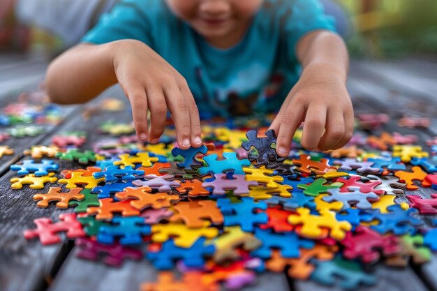 写真 子どもはカラフルなパズルを集めます 自閉症認識の日 自閉症の研究の芸術