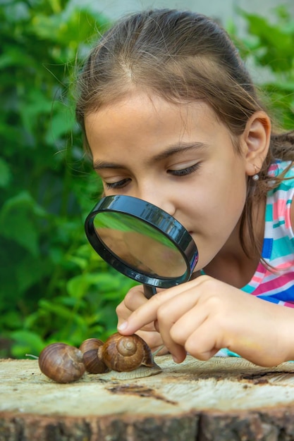 写真 子供は木の上のカタツムリを調べます選択的な焦点