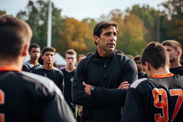 Фото Тренер объясняет стратегию и тактику во время командной работы вдохновляющий футбольный тренер средней школы выступает с страстной речью, поощряющей лидерство и мотивацию увлеченной спортивной команды
