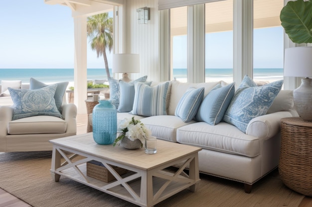 写真 海岸沿いの家には、ビーチをテーマにしたインテリアがあり、青いクッションとソファが備わっています。