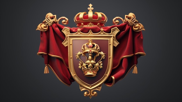 Фото the coat of arms of a medieval gold king emperor with a golden crown shield and red folded cloth superb 3d modern illustration of a heraldic royal emblem