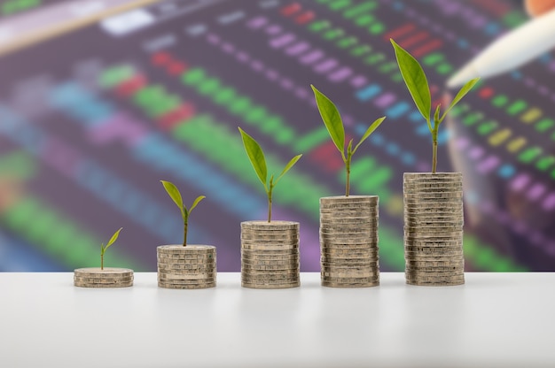 Фото Монеты накапливаются в столбце с ростом дерева, что представляет собой экономию денег или идею финансового планирования для экономики.