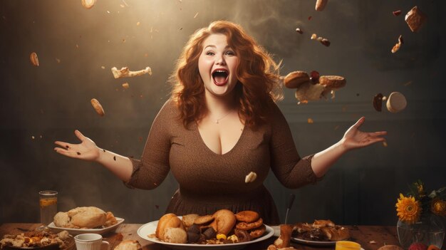 写真 断続的な断食の概念 脂肪の女性が食べ物を楽しんでいる