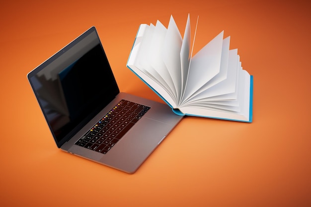 Фото Концепция онлайн-обучения открытой книги и ноутбука на оранжевом фоне 3d рендеринг