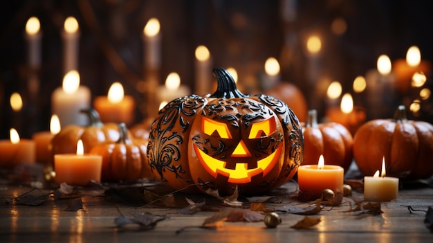 Фото Концепция праздника хэллоуина хэллоуин тыквенная голова со свечами внутри
