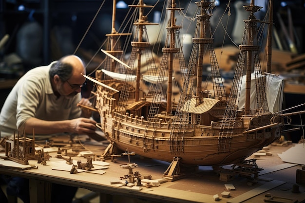 Foto the construction of an intricate model ship detailed model of an antique galleon with sails and rigging ai generated