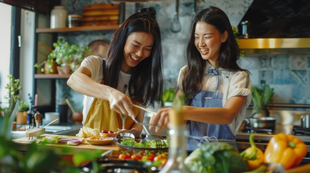 사진 요리 쇼는 두 명의 재미있는 요리사와 함께 요리하는 tv 채널입니다 흑인 및 아시아 여성 호스트는 온라인 비디오 수업으로 요리를 가르니다.