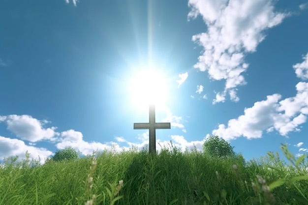 사진 태양 광선과 푸른 하늘에 녹색 잎이 있는 신의 십자가 녹색 나무와 자연 경관이 있는 언덕 위의 십자가 종교 개념 ai 생성