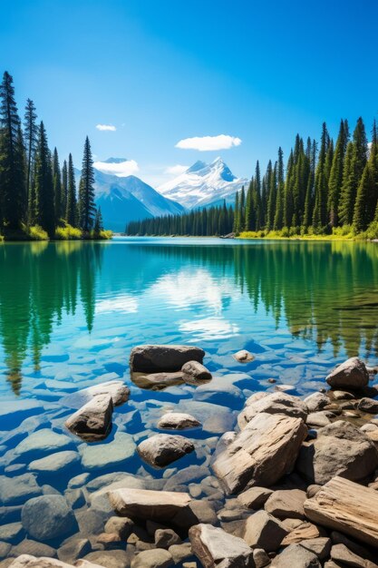 写真 山の湖の水晶のように澄んだ水は周囲の山や森の美しさを反映しています