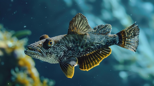 写真 黄色い羽根と白い斑点を持つ黒い魚が 深い青い海で泳いでいます 黄色い目はカメラを見ています