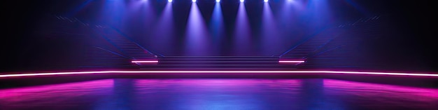Фото Темная сцены показывают пустой темно-синий фиолетово-розовый фон с неоновым светом ясный стенд