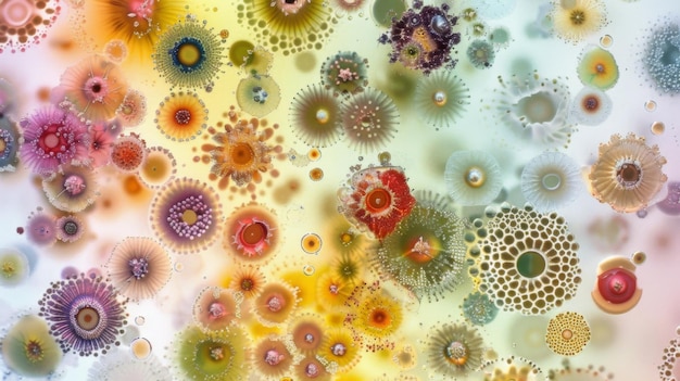 写真 透明な液体に浮かび上がり,微鏡で拡大された様々な種類の花粉