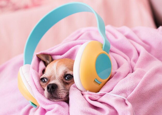 写真 犬は大きなヘッドホンで毛布の子犬にぴったりと包まれて横たわっています音楽を聴きます