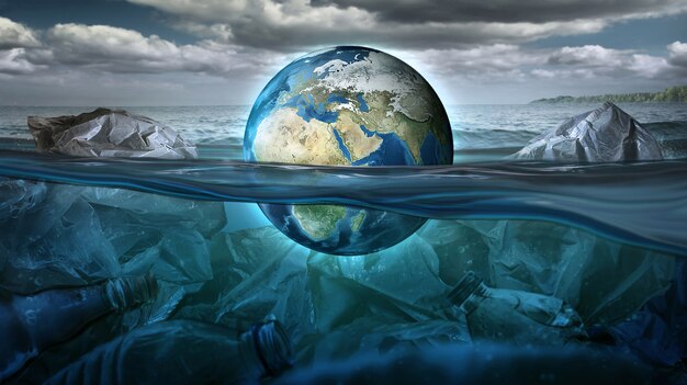 Фото Земля плавает в море, полном мусора и загрязнений. концепция окружающей среды. изображение земли предоставлено наса