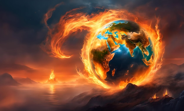 Фото Земля с пламенем или дымом, поднимающимся с нее фантастический стиль иллюстрации