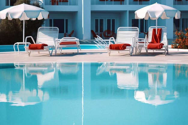 Фото Край роскошный бассейн с модными белыми шезлонгами на пляже дизайн экстерьера генеративный ии