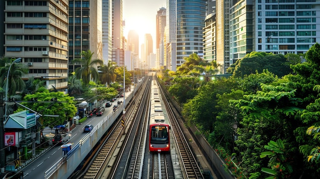 写真 高架列車は都市を通過していますそれは現代的で効率的な交通手段です