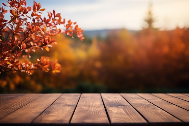 写真 空の木製のテーブルトップは,秋の生成的なaiのぼんやりした背景で