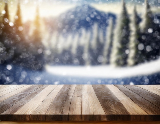 Фото Пустая деревянная столовая с размытым зимним фоном