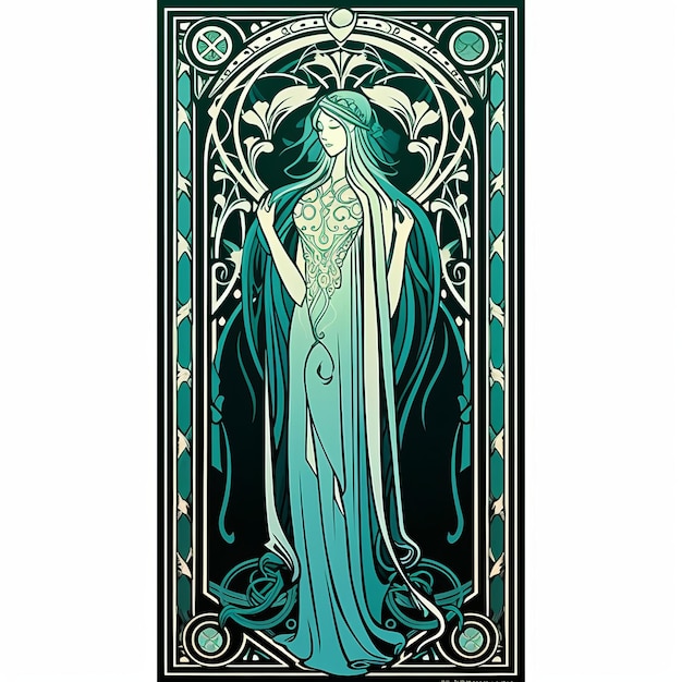 The Enchanting Essence of a Translucent Teal Ghost in a Modern Art Nouveau Pos