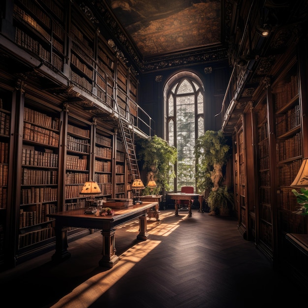 Фото Очаровательная гавань. вечная библиотека, обрамленная высокими книжными полками и безмятежными деревьями.