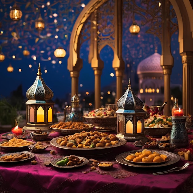 Фото Суть рамадана с оживленным собранием любимых, сидящих за роскошным обеденным столом.
