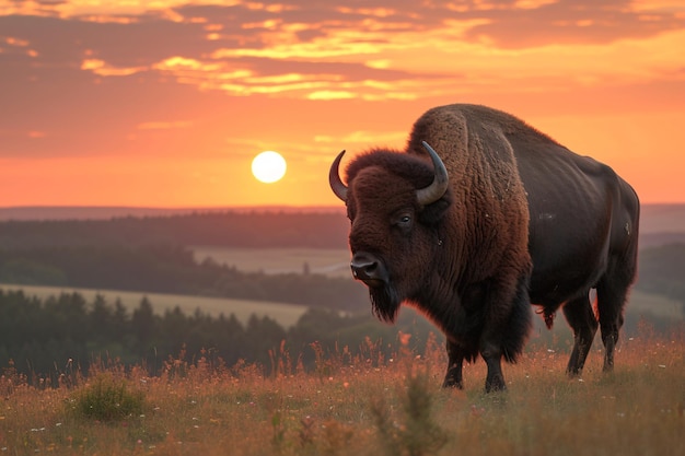 Фото Европейский буйвол bison bonasus пасется на горизонте в дикой природе