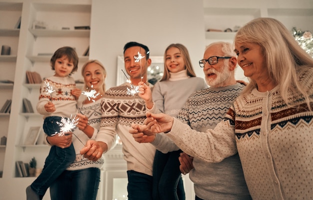 写真 クリスマスツリーの近くに線香花火が立っている家族